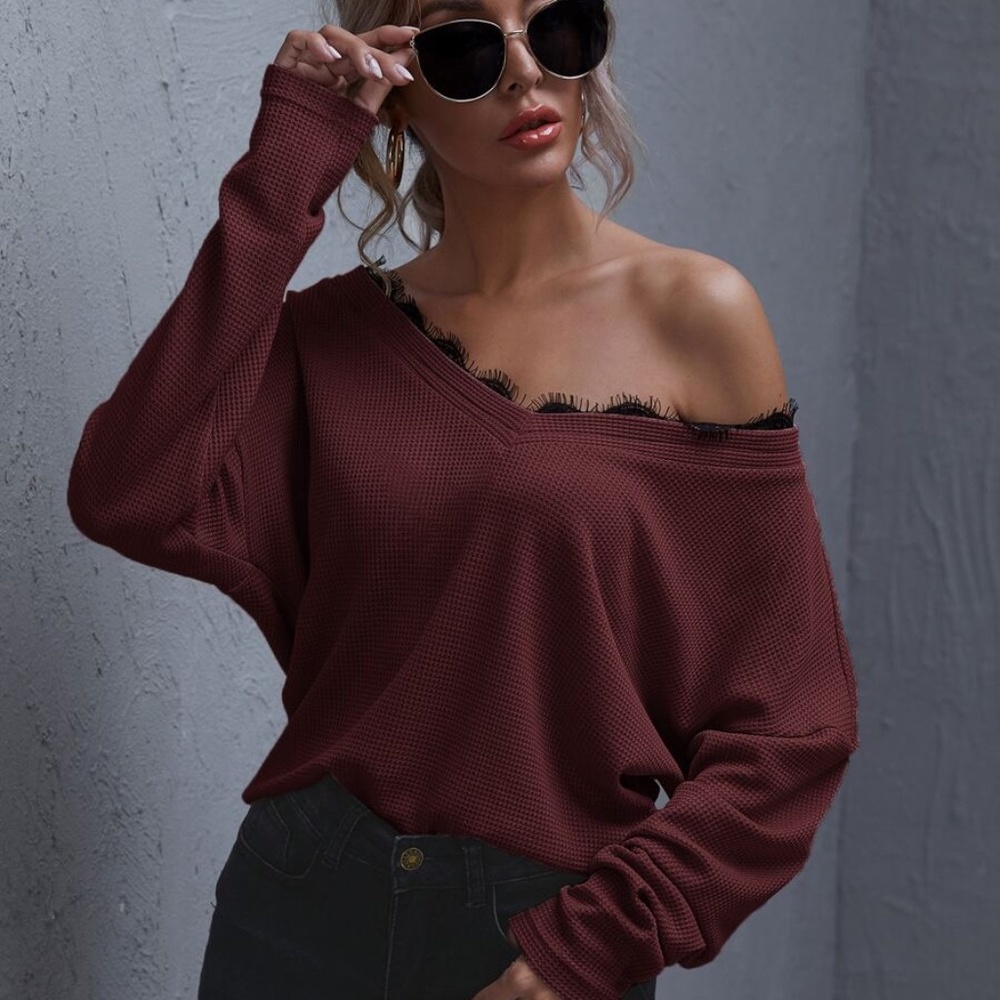 eyelash lace detail off shoulder waffle top brown - Picture 8 of 13